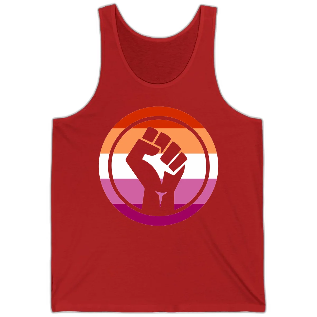 Raised fist silhouette on rainbow pride flag stripes within concentric circles, symbolizing LGBTQ+ strength and solidarity in Red
