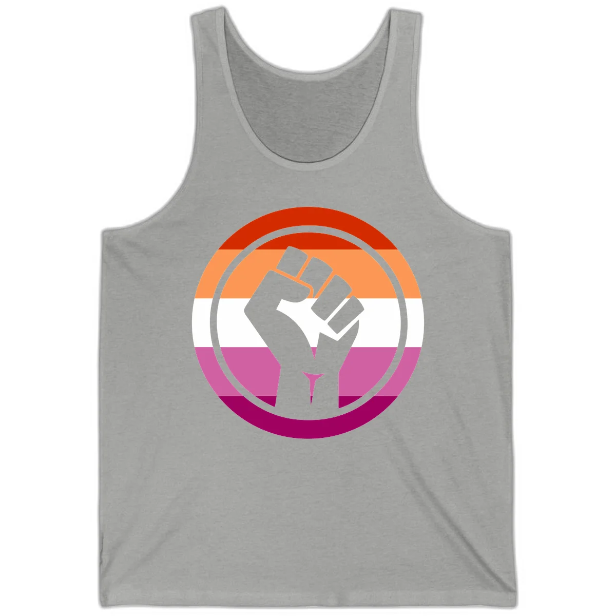 Raised fist silhouette on rainbow pride flag stripes within concentric circles, symbolizing LGBTQ+ strength and solidarity in Athletic Heather
