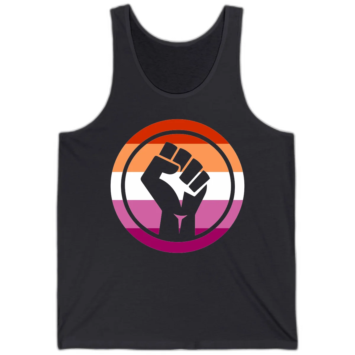 Raised fist silhouette on rainbow pride flag stripes within concentric circles, symbolizing LGBTQ+ strength and solidarity in Dark Grey