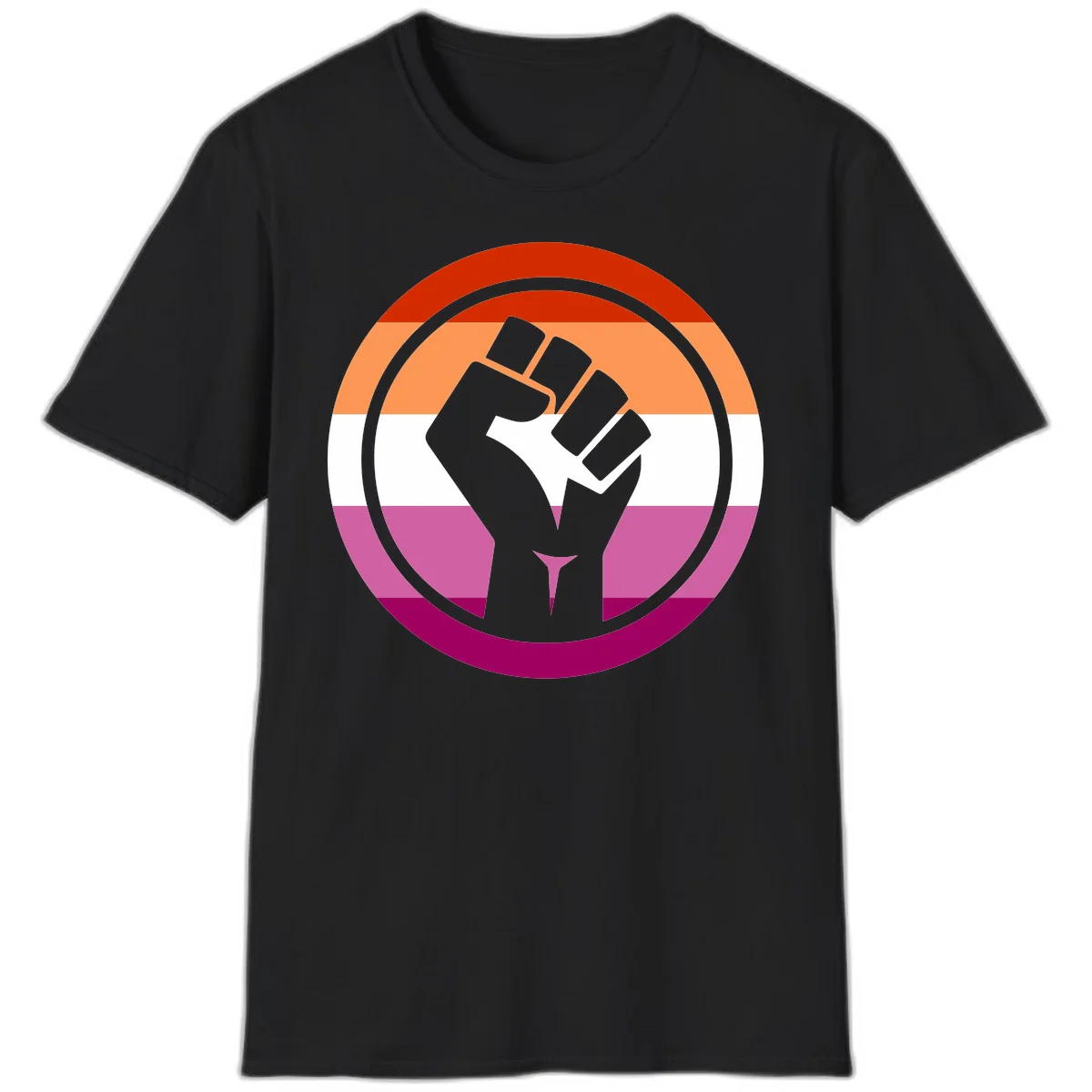 Raised fist silhouette on rainbow pride flag stripes within concentric circles, symbolizing LGBTQ+ strength and solidarity in Black