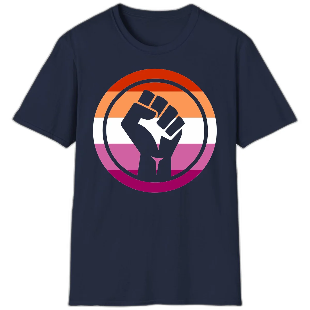 Raised fist silhouette on rainbow pride flag stripes within concentric circles, symbolizing LGBTQ+ strength and solidarity in Navy