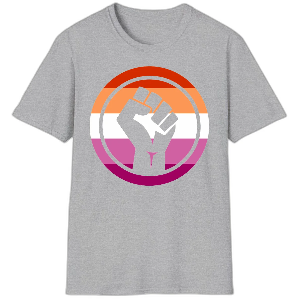 Raised fist silhouette on rainbow pride flag stripes within concentric circles, symbolizing LGBTQ+ strength and solidarity in Sport Grey