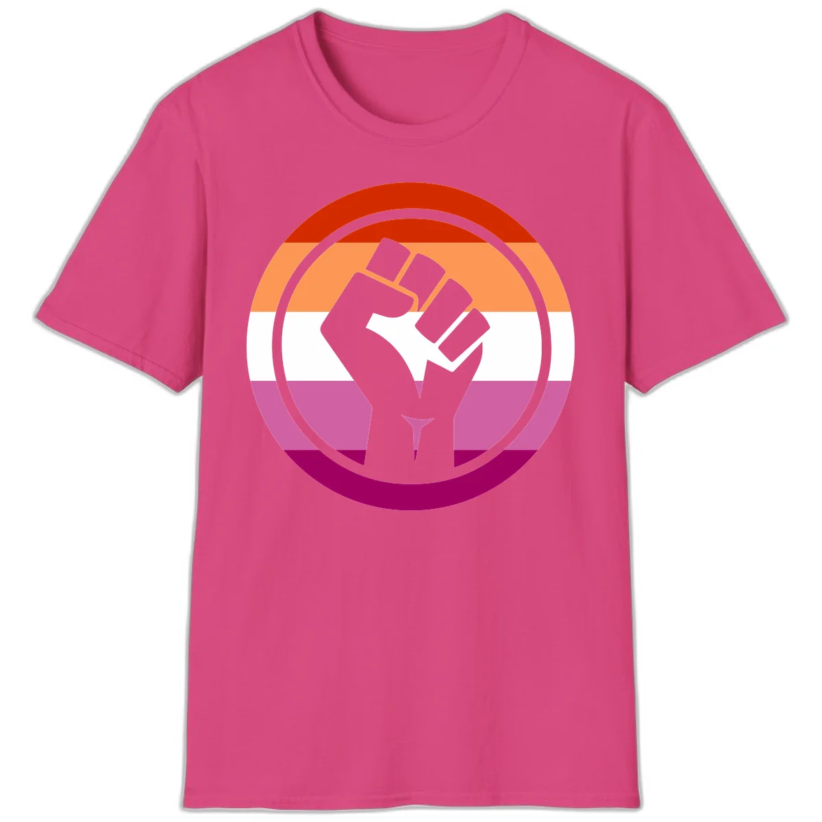 Raised fist silhouette on rainbow pride flag stripes within concentric circles, symbolizing LGBTQ+ strength and solidarity in Heliconia