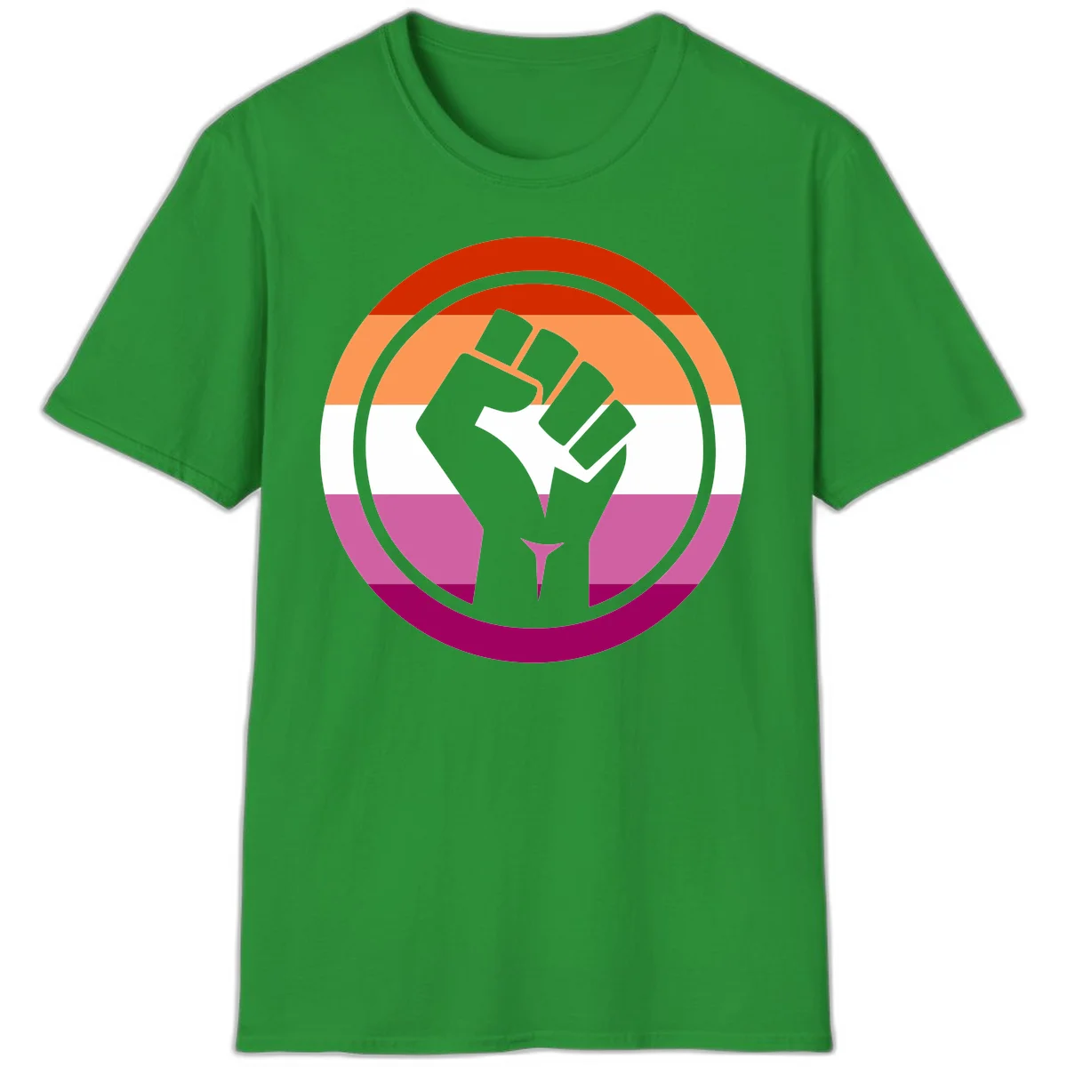 Raised fist silhouette on rainbow pride flag stripes within concentric circles, symbolizing LGBTQ+ strength and solidarity in Irish Green