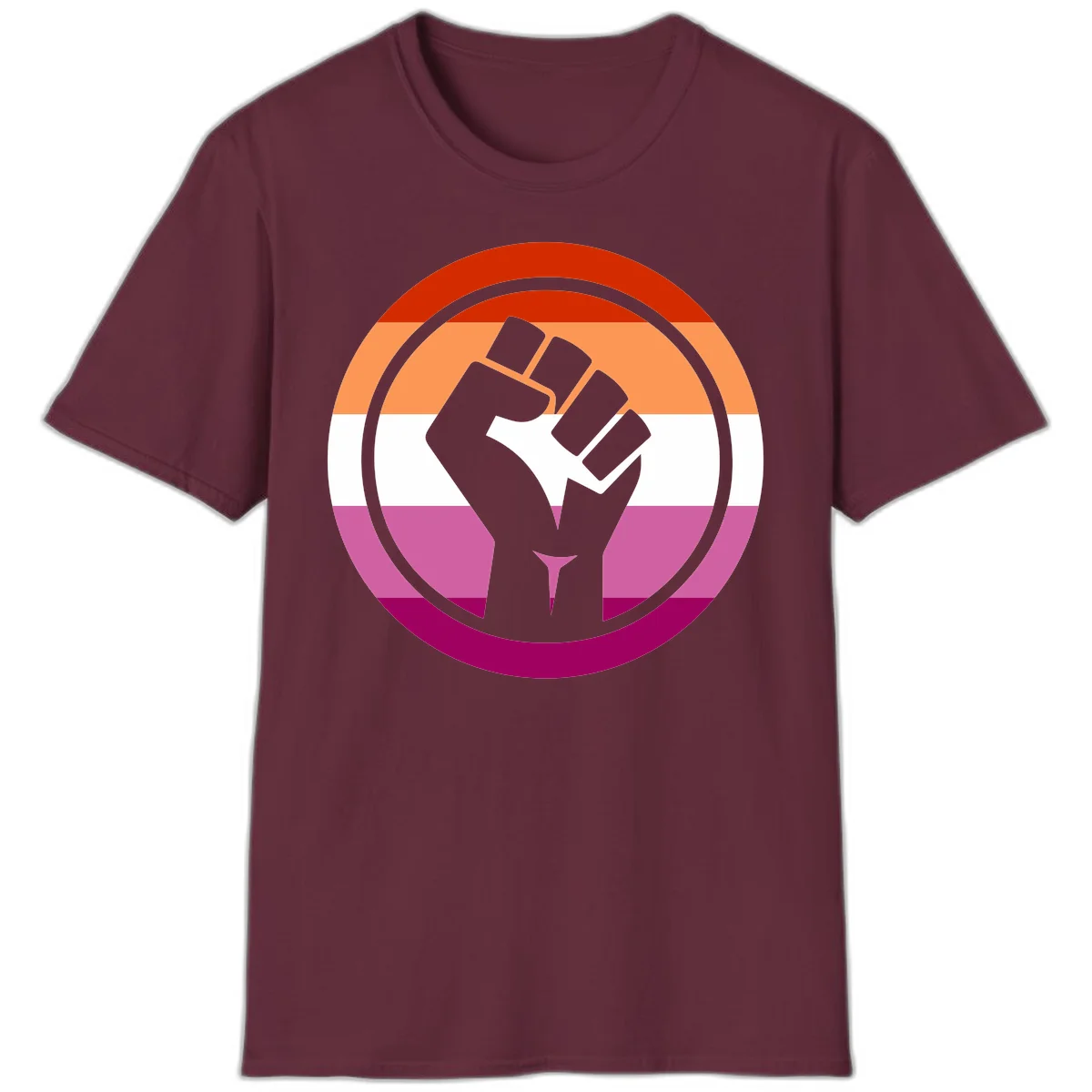 Raised fist silhouette on rainbow pride flag stripes within concentric circles, symbolizing LGBTQ+ strength and solidarity in Maroon