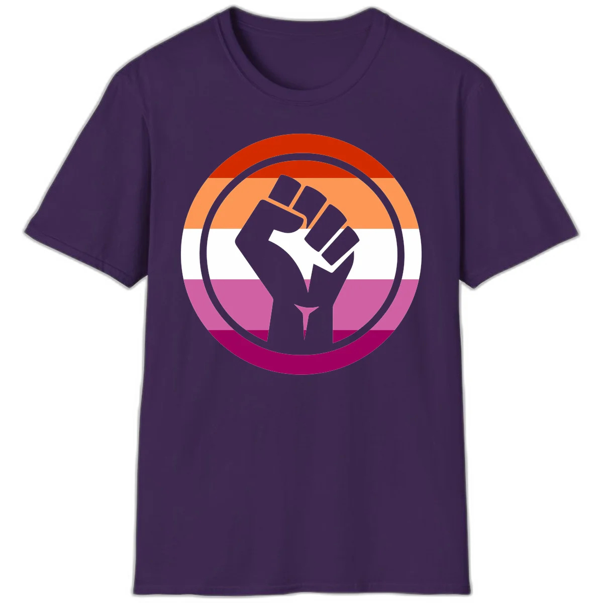 Raised fist silhouette on rainbow pride flag stripes within concentric circles, symbolizing LGBTQ+ strength and solidarity in Purple