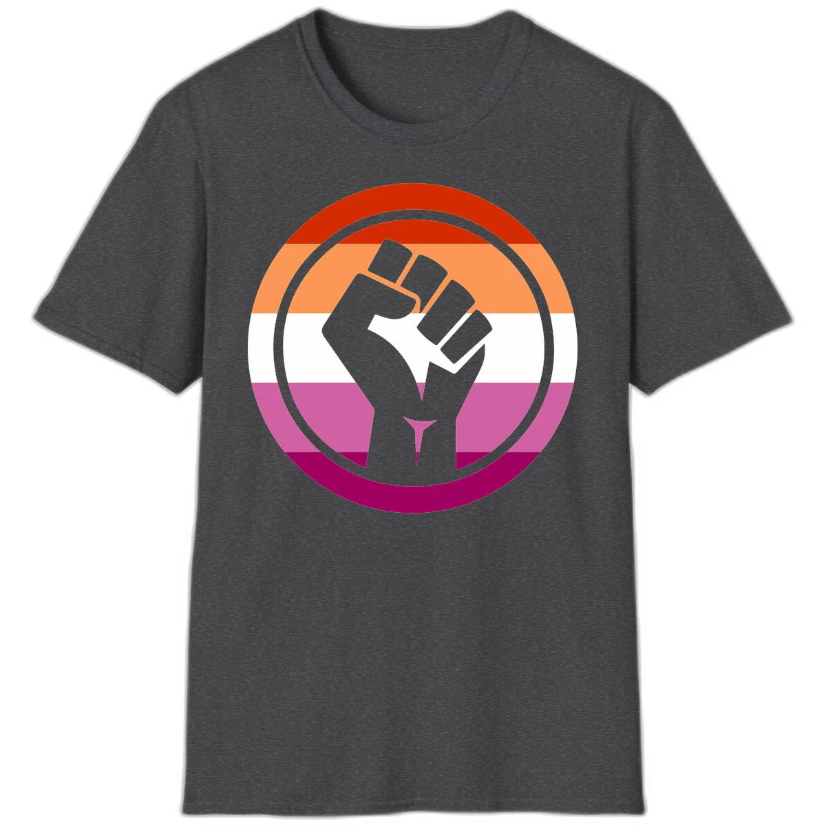 Raised fist silhouette on rainbow pride flag stripes within concentric circles, symbolizing LGBTQ+ strength and solidarity in Dark Heather