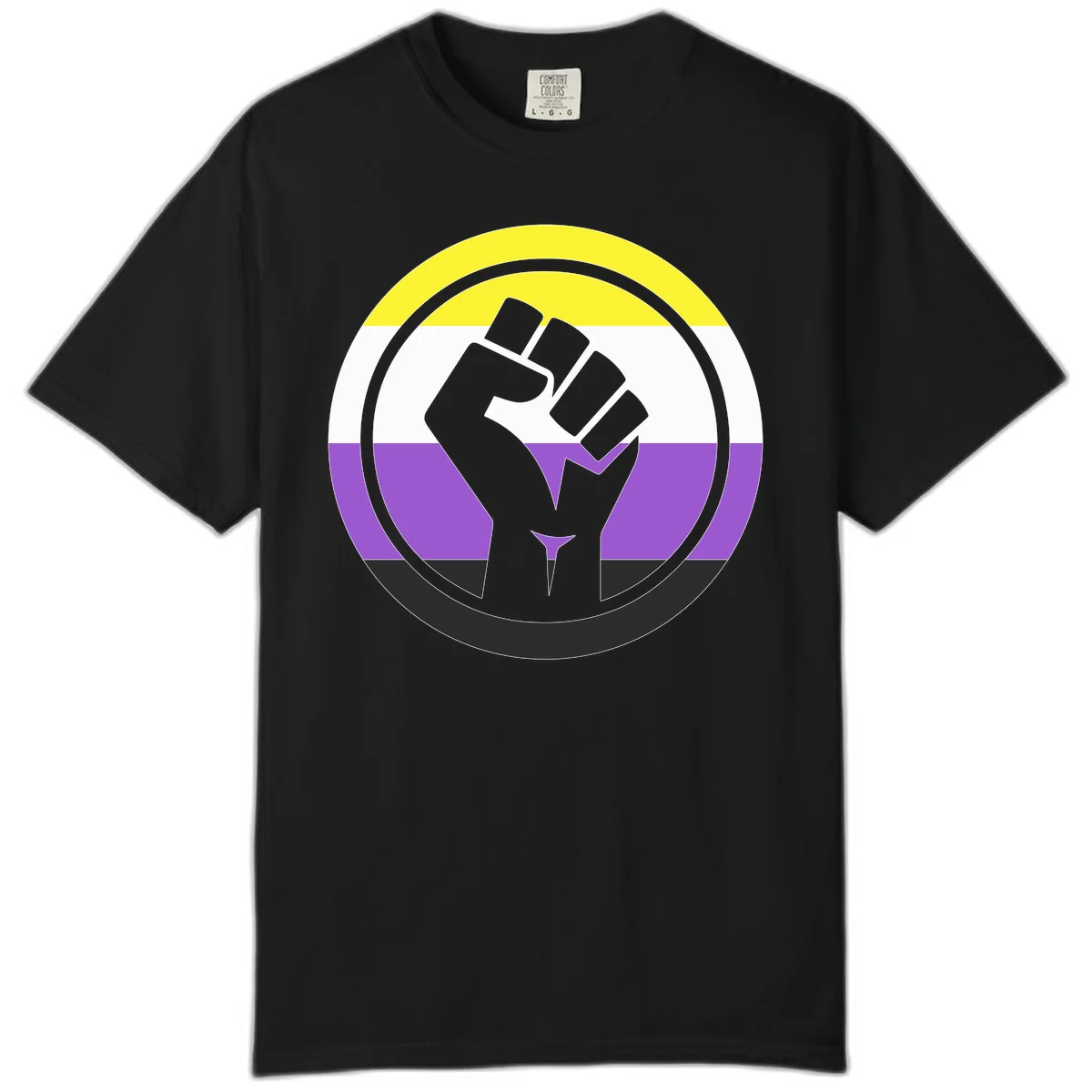 Raised fist silhouette within concentric rings on nonbinary pride flag with yellow, white, purple, and black stripes in Black