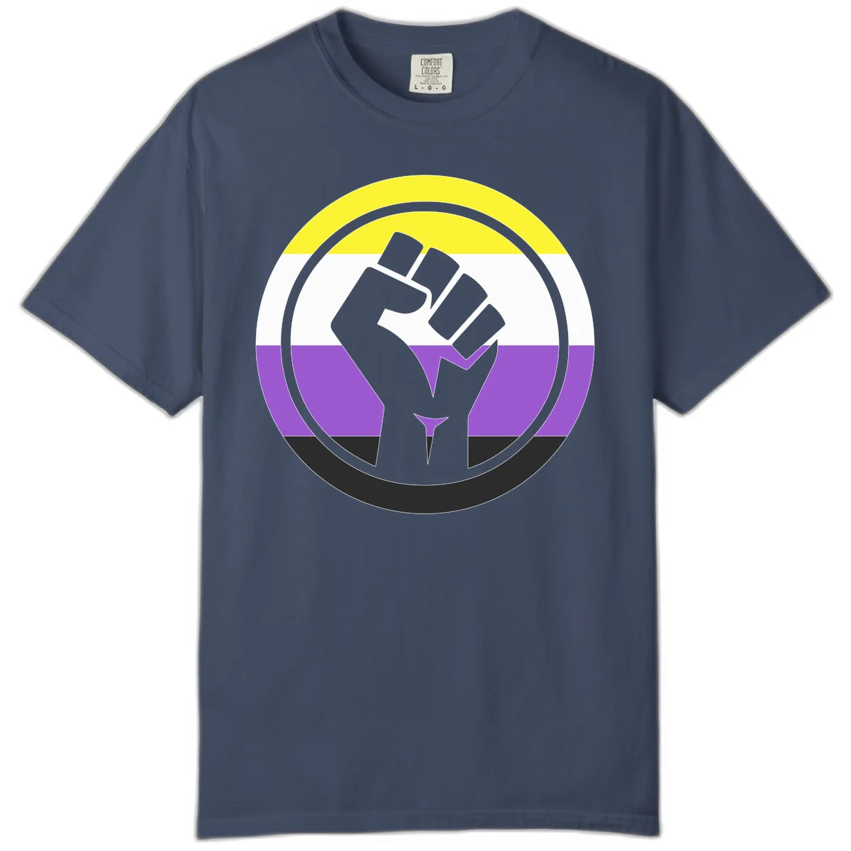 Raised fist silhouette within concentric rings on nonbinary pride flag with yellow, white, purple, and black stripes in Midnight