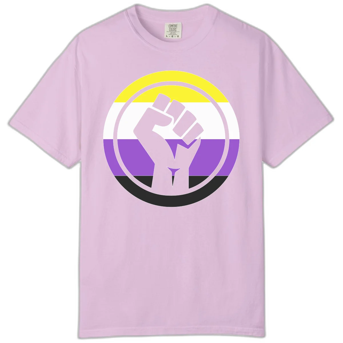 Raised fist silhouette within concentric rings on nonbinary pride flag with yellow, white, purple, and black stripes in Orchid
