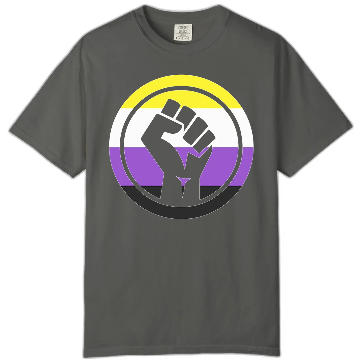 Raised fist silhouette within concentric rings on nonbinary pride flag with yellow, white, purple, and black stripes in Pepper
