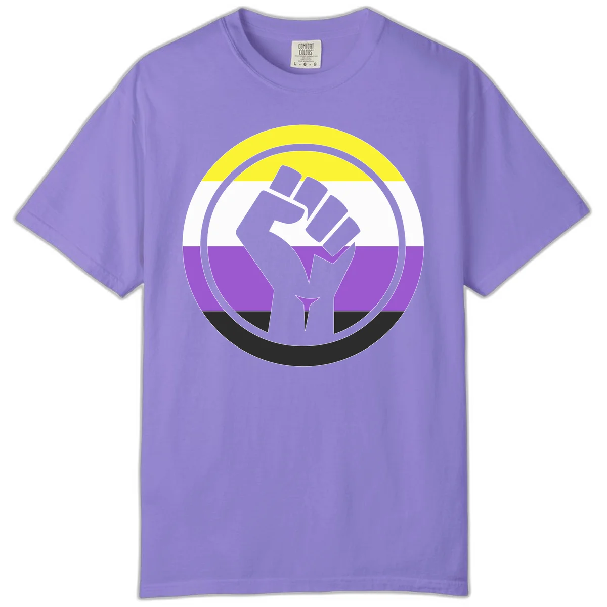 Raised fist silhouette within concentric rings on nonbinary pride flag with yellow, white, purple, and black stripes in Violet