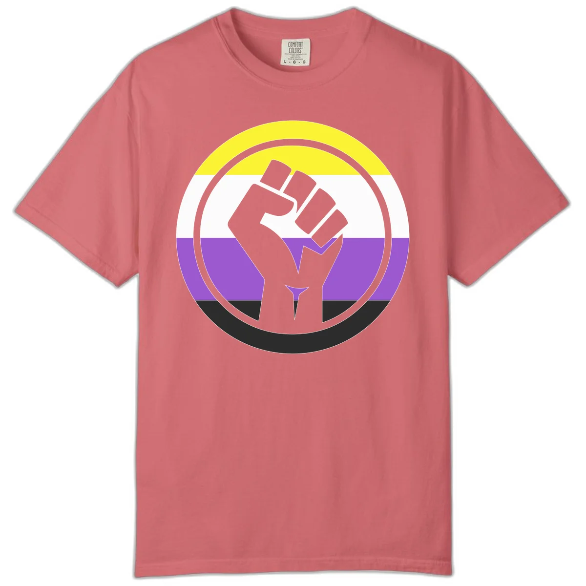 Raised fist silhouette within concentric rings on nonbinary pride flag with yellow, white, purple, and black stripes in Watermelon