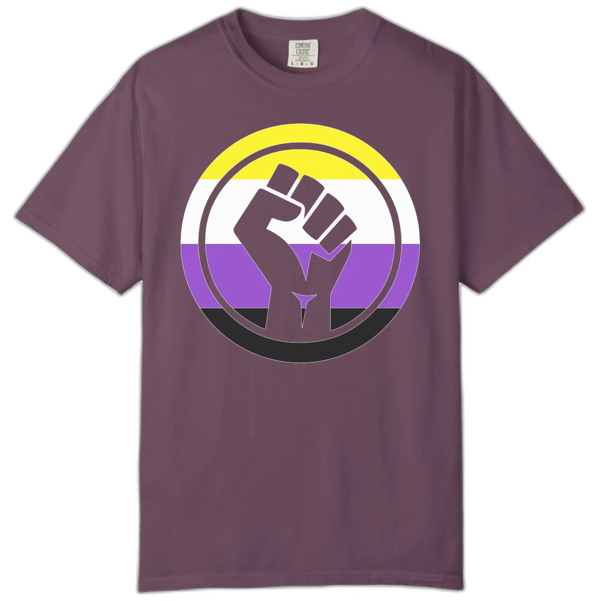 Raised fist silhouette within concentric rings on nonbinary pride flag with yellow, white, purple, and black stripes in Berry