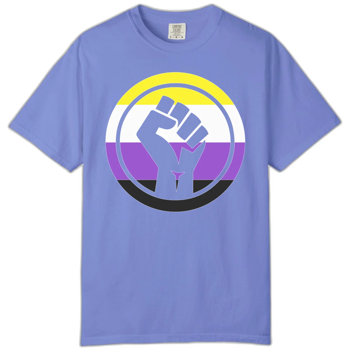 Raised fist silhouette within concentric rings on nonbinary pride flag with yellow, white, purple, and black stripes in Flo Blue