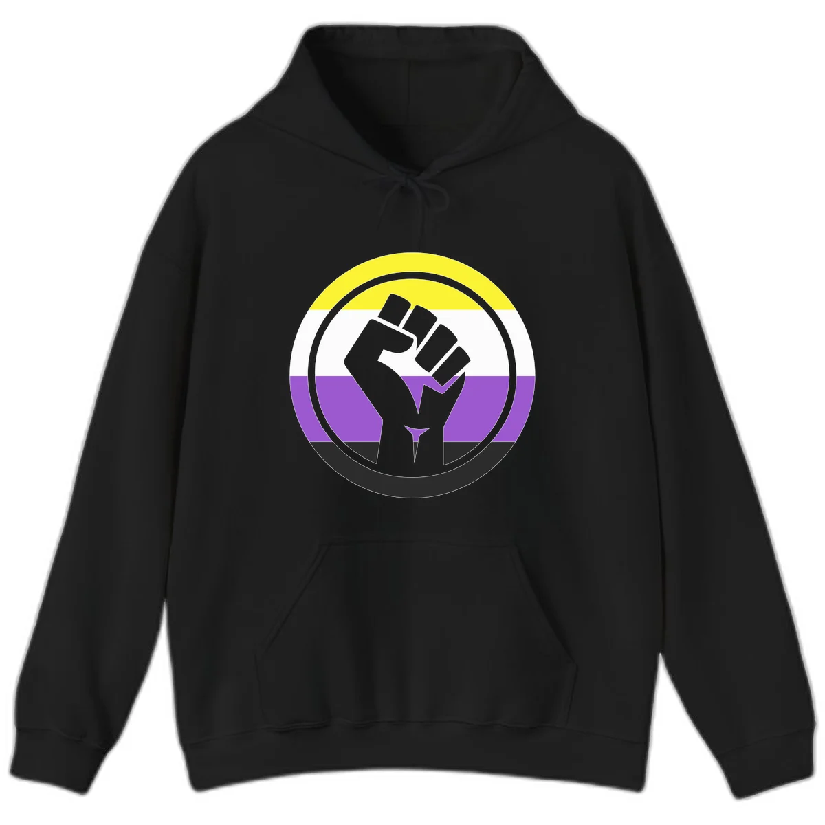 Raised fist silhouette within concentric rings on nonbinary pride flag with yellow, white, purple, and black stripes in Black