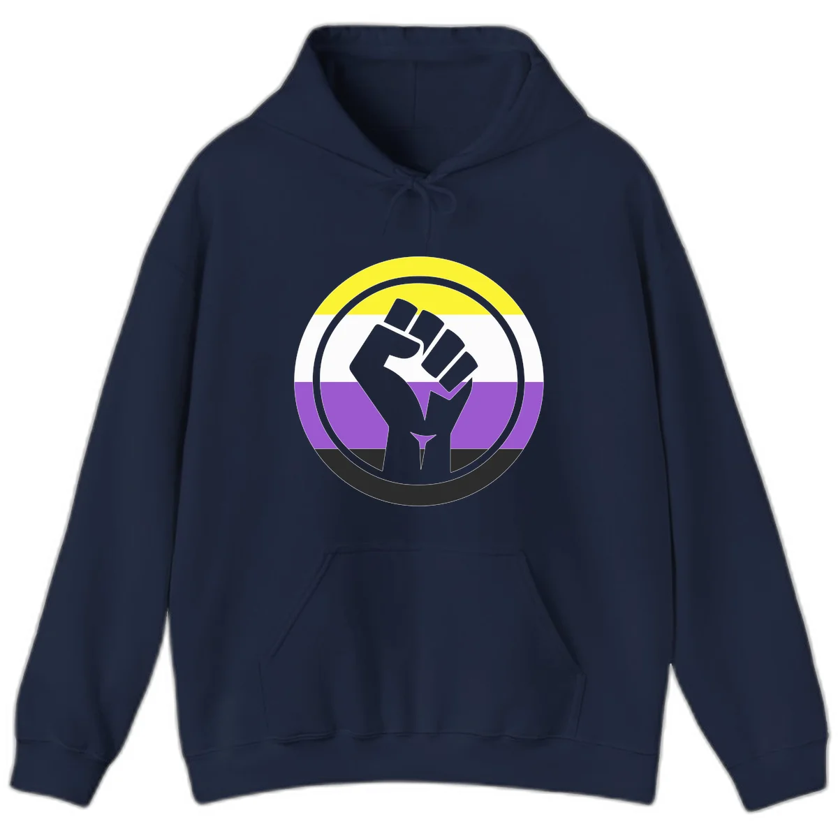 Raised fist silhouette within concentric rings on nonbinary pride flag with yellow, white, purple, and black stripes in Navy