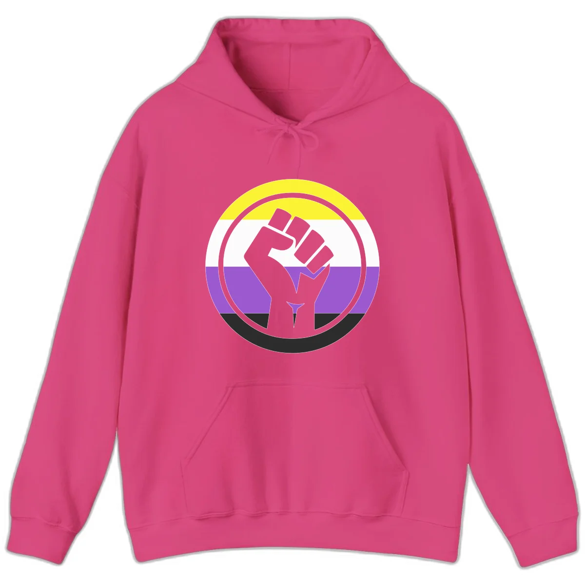 Raised fist silhouette within concentric rings on nonbinary pride flag with yellow, white, purple, and black stripes in Heliconia