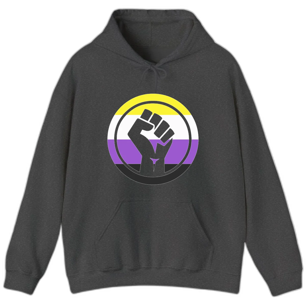 Raised fist silhouette within concentric rings on nonbinary pride flag with yellow, white, purple, and black stripes in Dark Heather