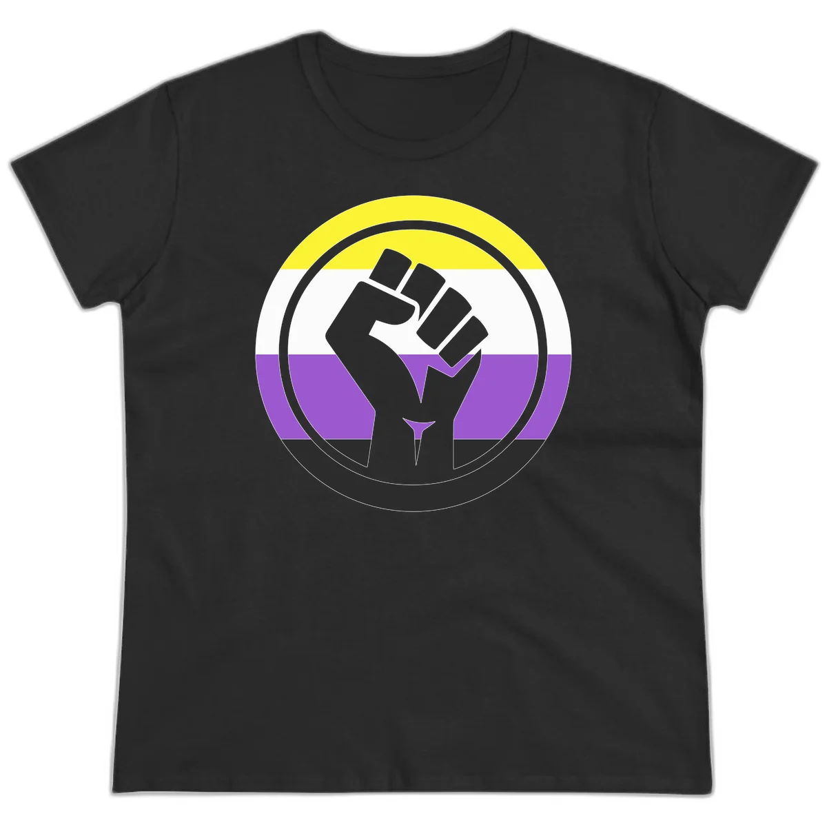 Raised fist silhouette within concentric rings on nonbinary pride flag with yellow, white, purple, and black stripes in Black