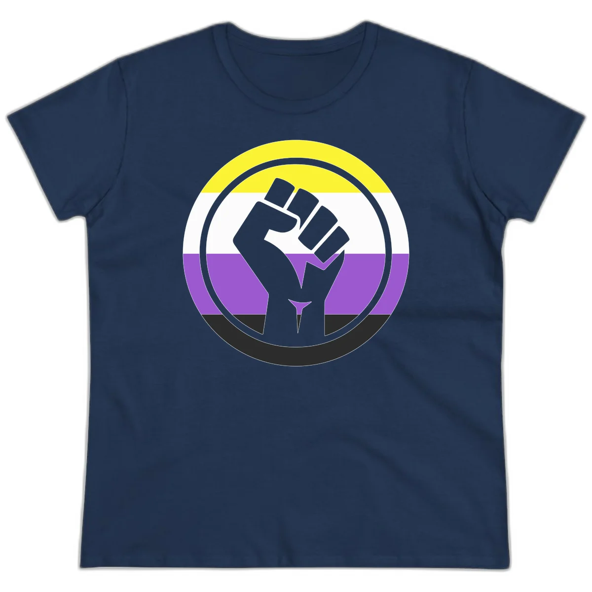 Raised fist silhouette within concentric rings on nonbinary pride flag with yellow, white, purple, and black stripes in Navy