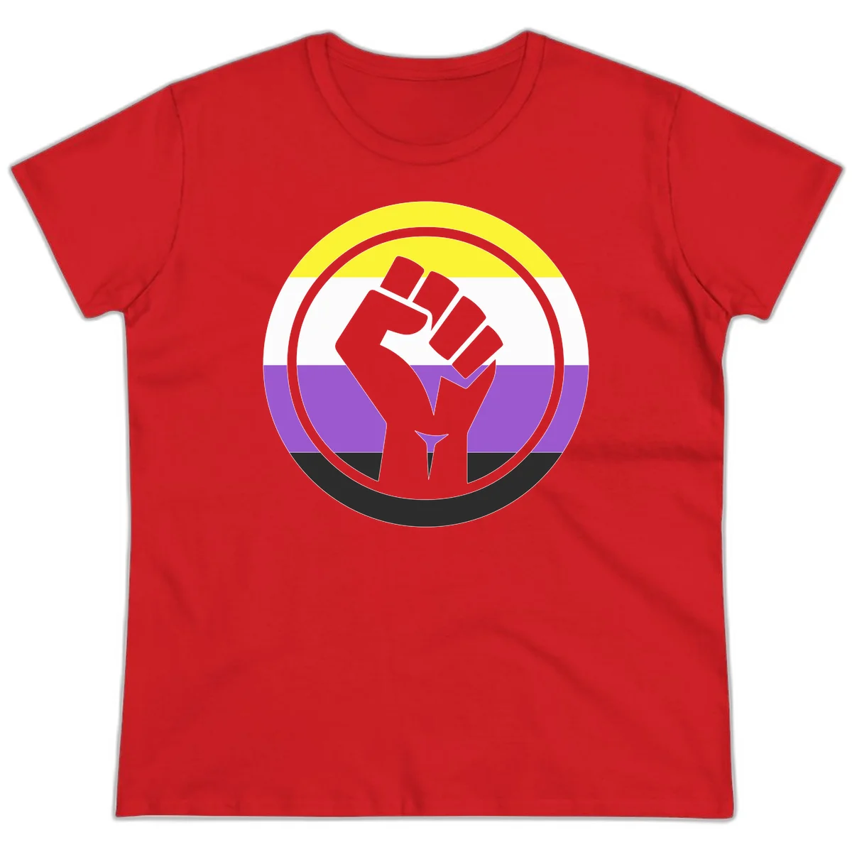 Raised fist silhouette within concentric rings on nonbinary pride flag with yellow, white, purple, and black stripes in Red
