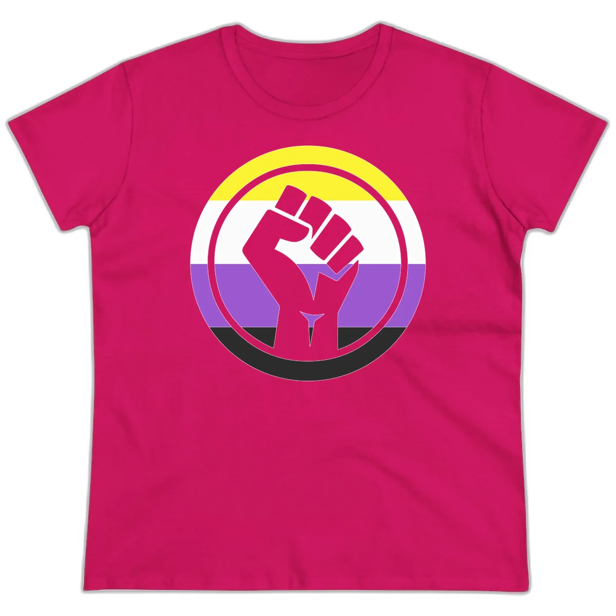 Raised fist silhouette within concentric rings on nonbinary pride flag with yellow, white, purple, and black stripes in Heliconia