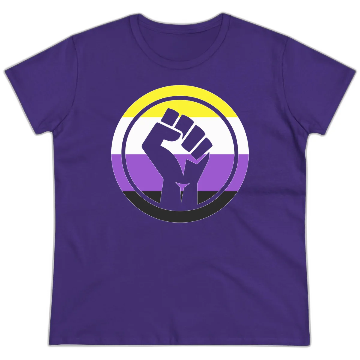 Raised fist silhouette within concentric rings on nonbinary pride flag with yellow, white, purple, and black stripes in Purple