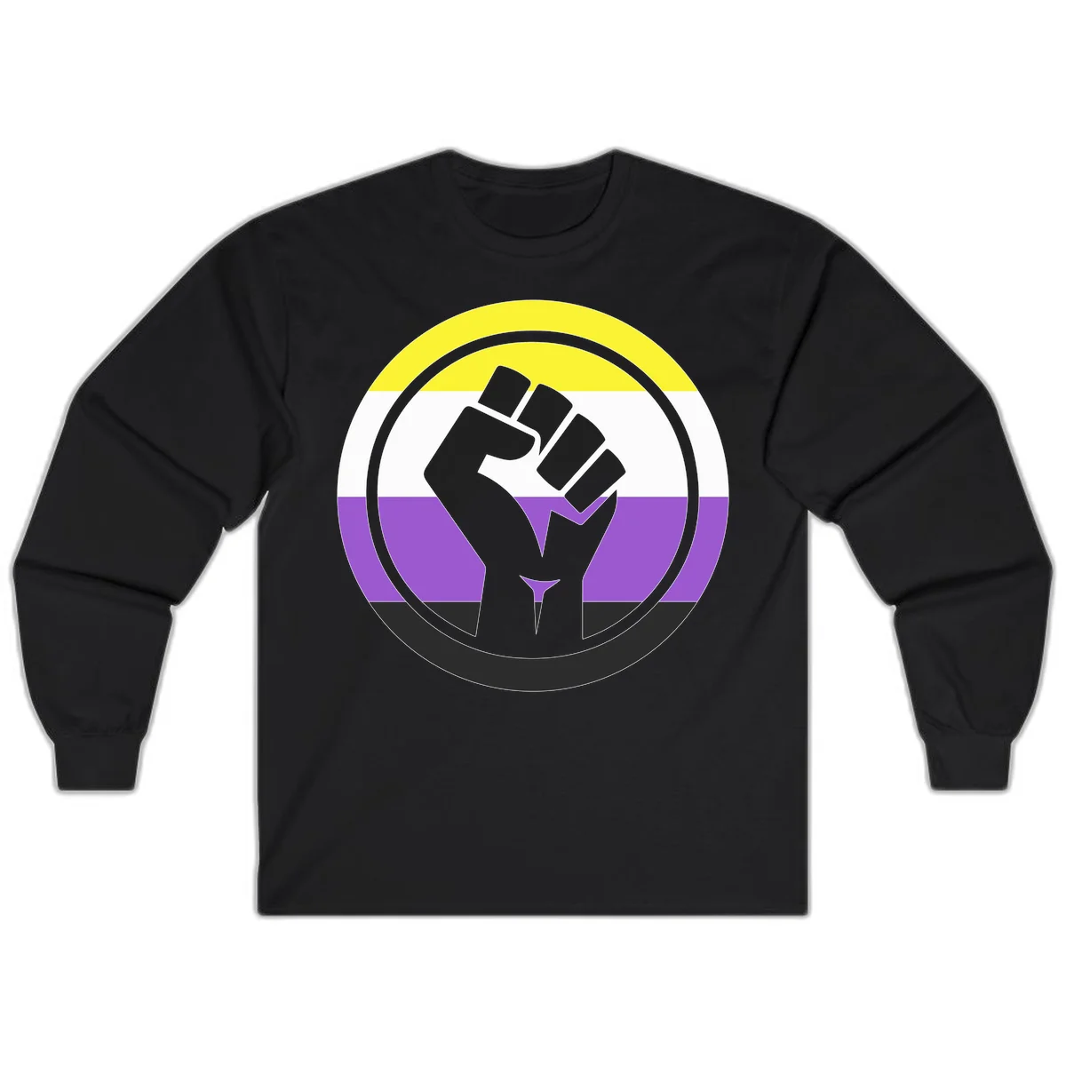 Raised fist silhouette within concentric rings on nonbinary pride flag with yellow, white, purple, and black stripes in Black