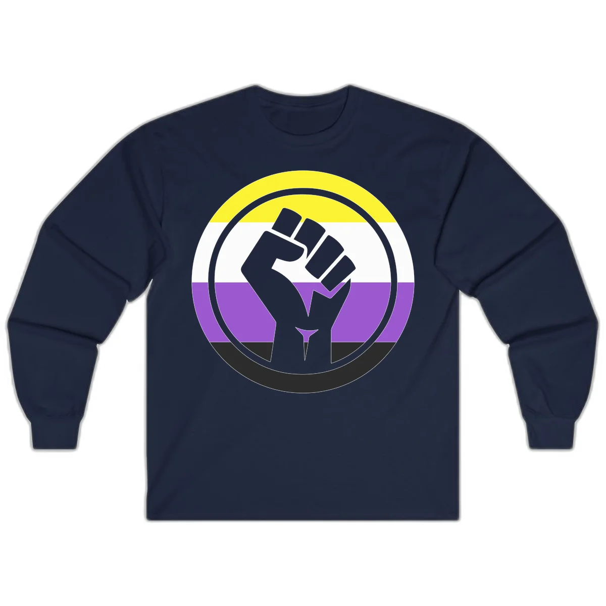 Raised fist silhouette within concentric rings on nonbinary pride flag with yellow, white, purple, and black stripes in Navy