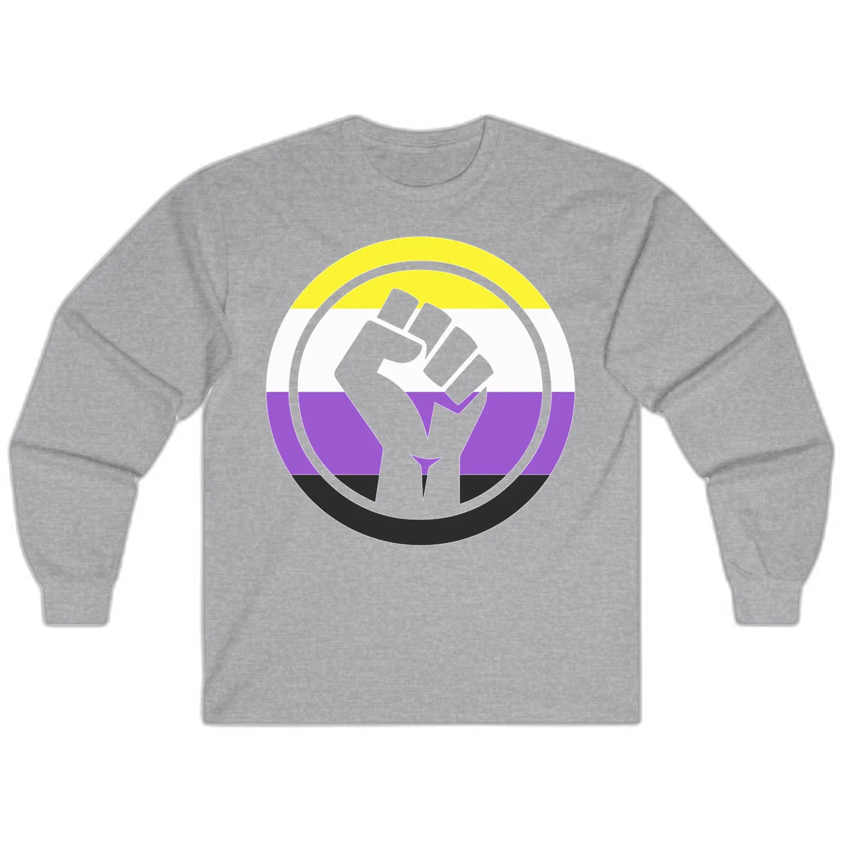 Raised fist silhouette within concentric rings on nonbinary pride flag with yellow, white, purple, and black stripes in Sport Grey
