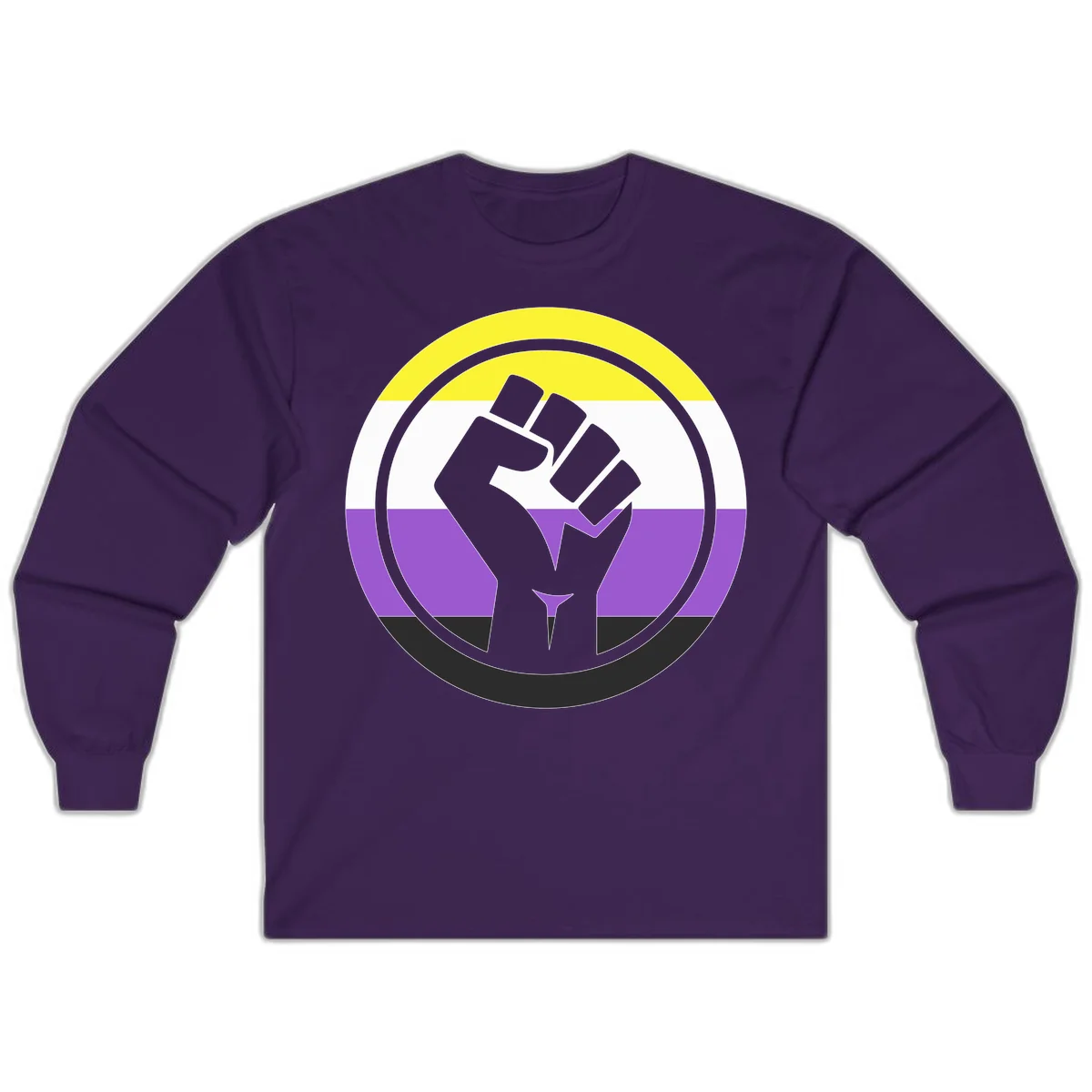 Raised fist silhouette within concentric rings on nonbinary pride flag with yellow, white, purple, and black stripes in Purple