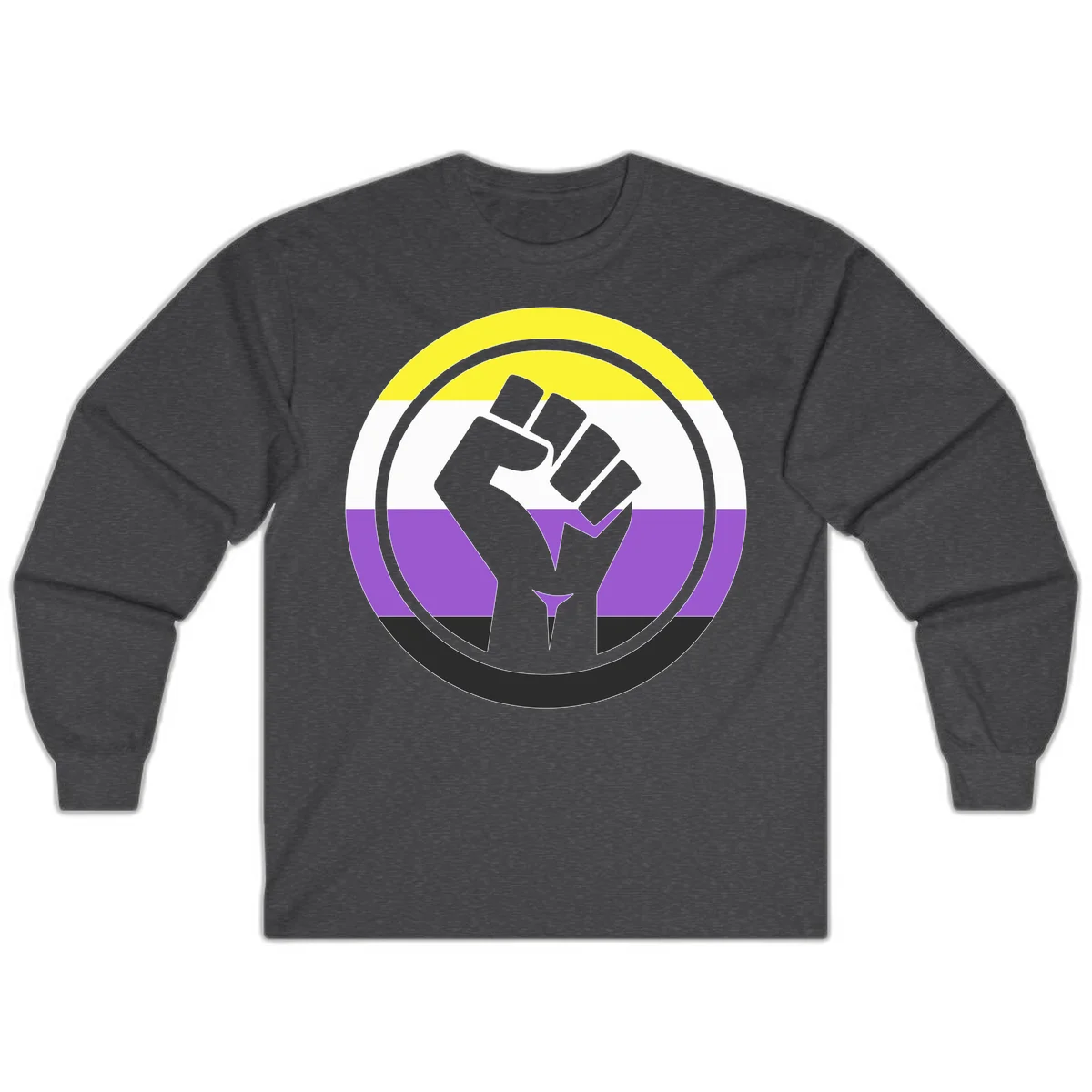 Raised fist silhouette within concentric rings on nonbinary pride flag with yellow, white, purple, and black stripes in Dark Heather