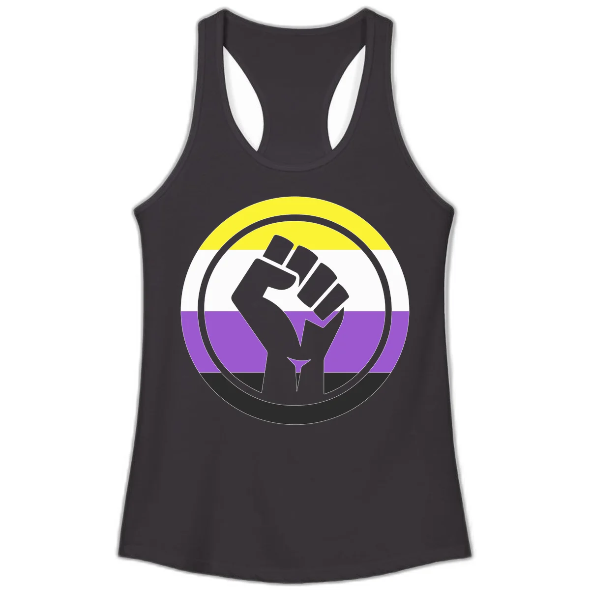 Raised fist silhouette within concentric rings on nonbinary pride flag with yellow, white, purple, and black stripes in Black