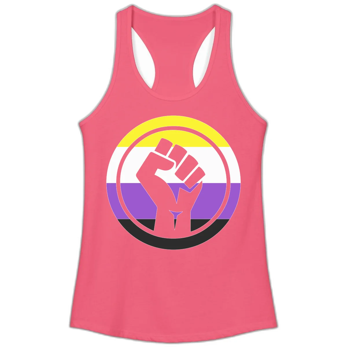 Raised fist silhouette within concentric rings on nonbinary pride flag with yellow, white, purple, and black stripes in Hot Pink