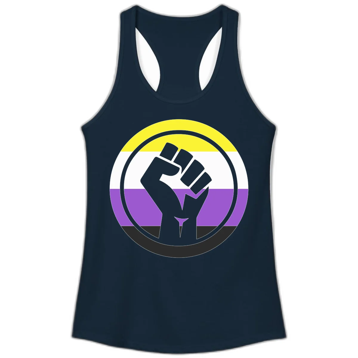 Raised fist silhouette within concentric rings on nonbinary pride flag with yellow, white, purple, and black stripes in Solid Midnight Navy