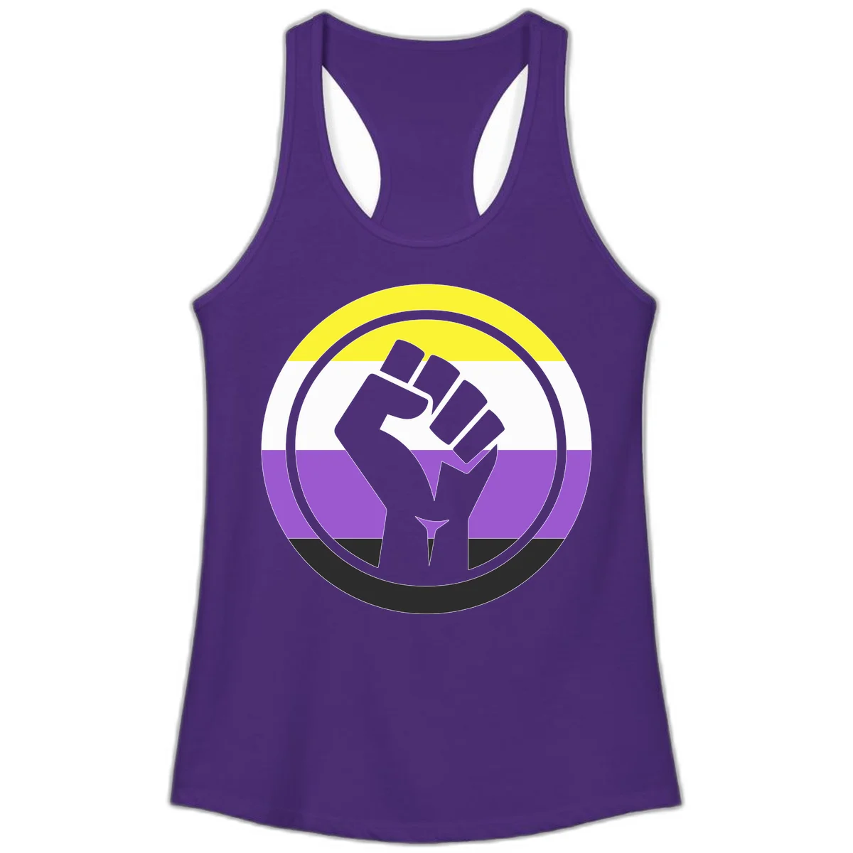 Raised fist silhouette within concentric rings on nonbinary pride flag with yellow, white, purple, and black stripes in Solid Purple Rush
