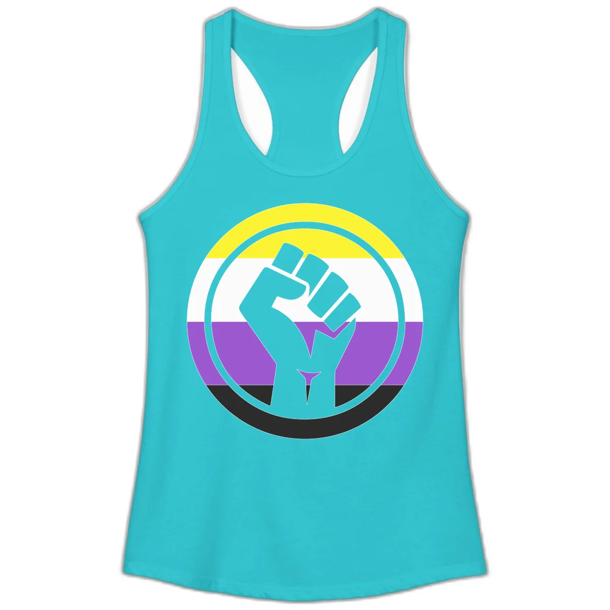 Raised fist silhouette within concentric rings on nonbinary pride flag with yellow, white, purple, and black stripes in Solid Tahiti Blue