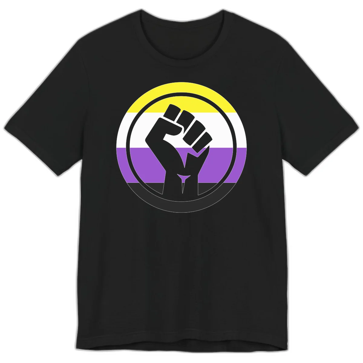 Raised fist silhouette within concentric rings on nonbinary pride flag with yellow, white, purple, and black stripes in Black
