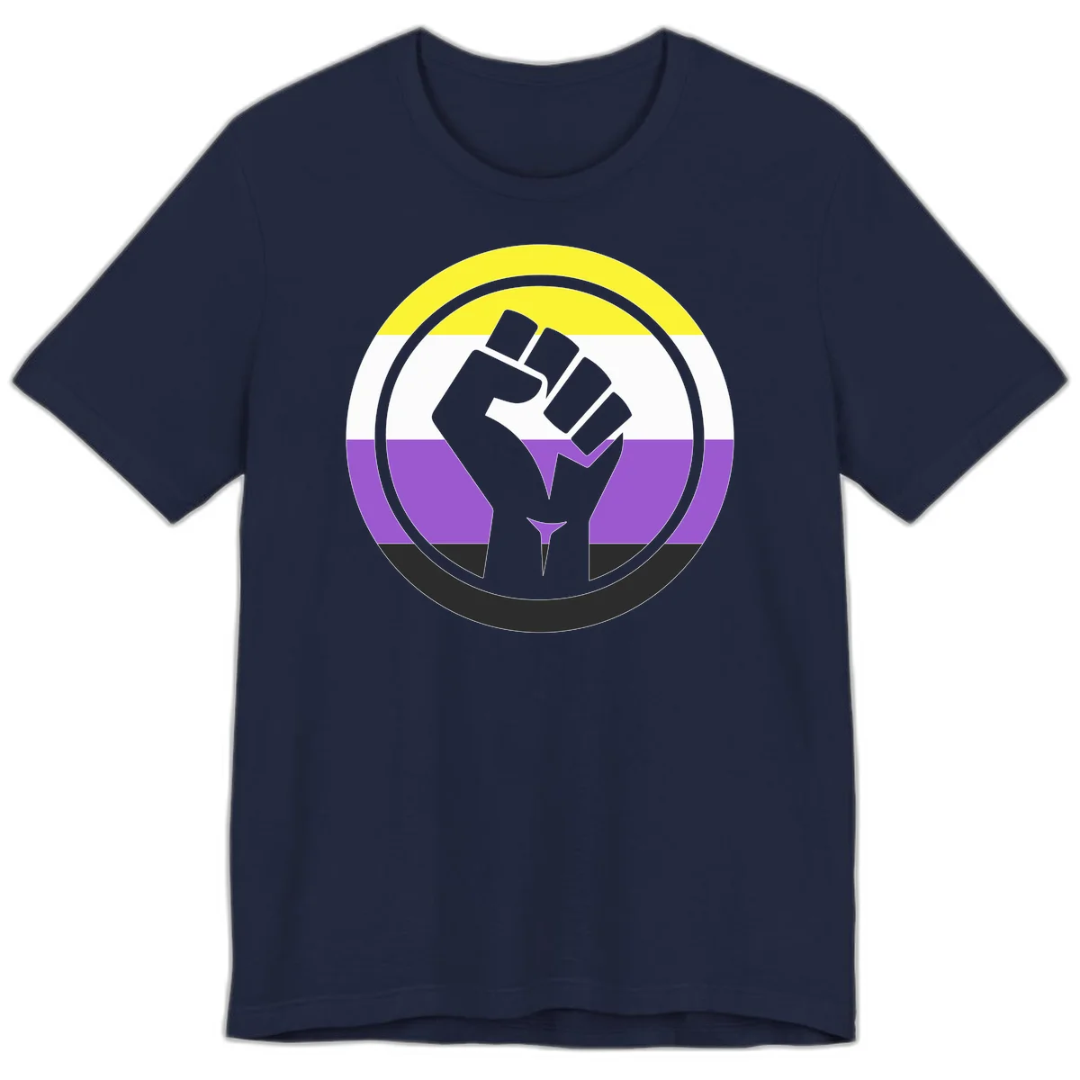 Raised fist silhouette within concentric rings on nonbinary pride flag with yellow, white, purple, and black stripes in Navy