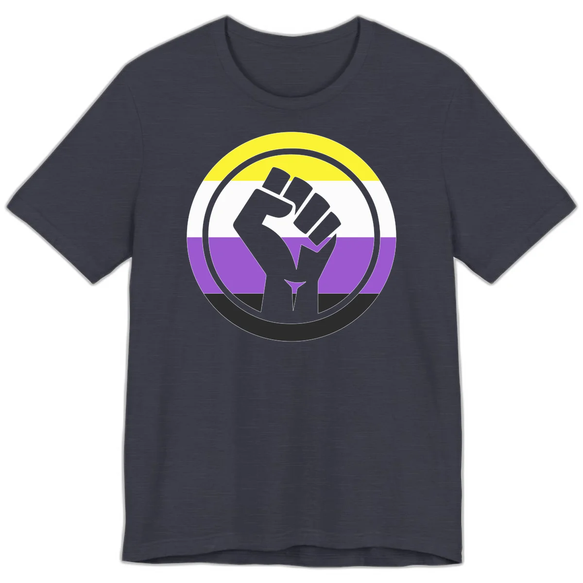 Raised fist silhouette within concentric rings on nonbinary pride flag with yellow, white, purple, and black stripes in Heather Midnight Navy