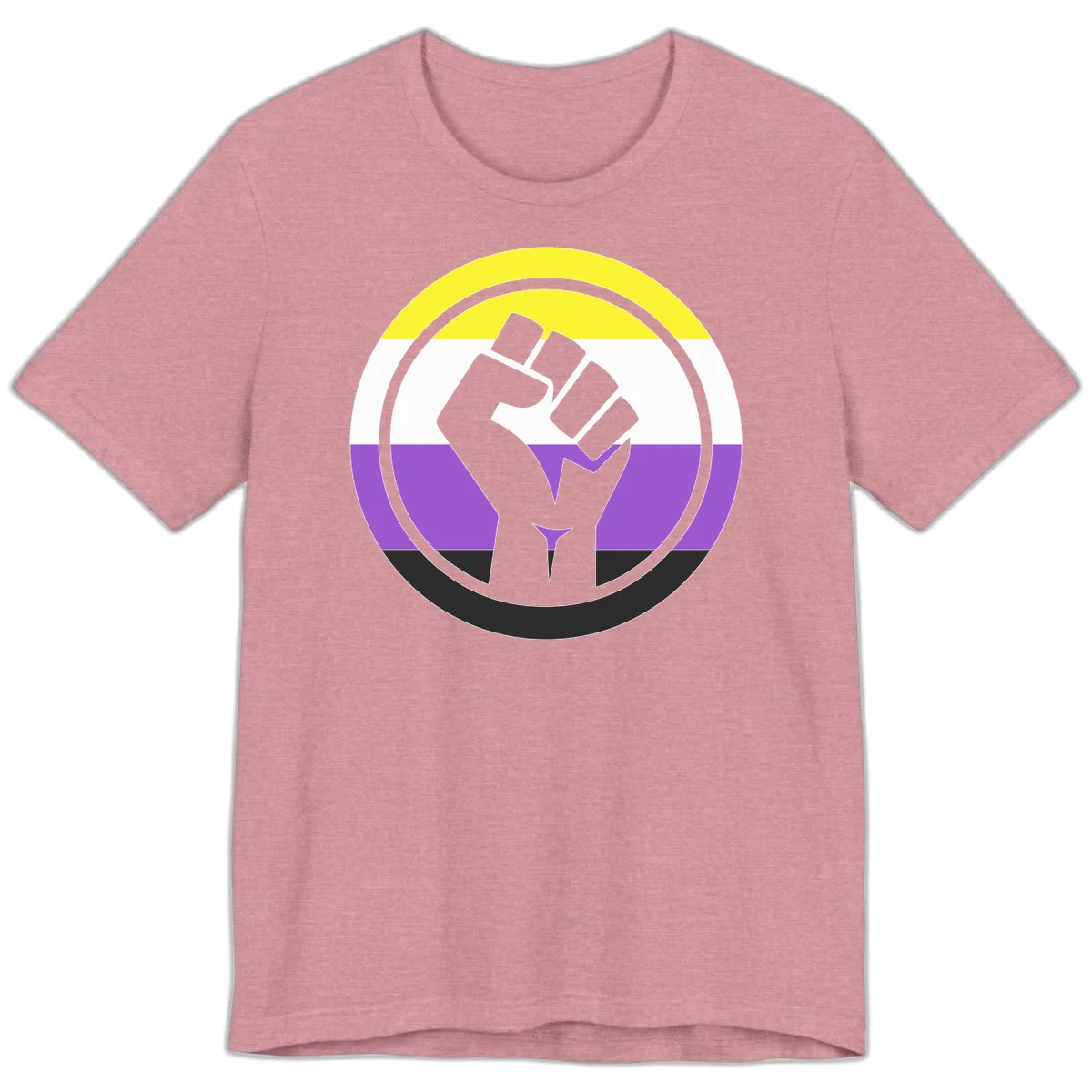 Raised fist silhouette within concentric rings on nonbinary pride flag with yellow, white, purple, and black stripes in Heather Orchid