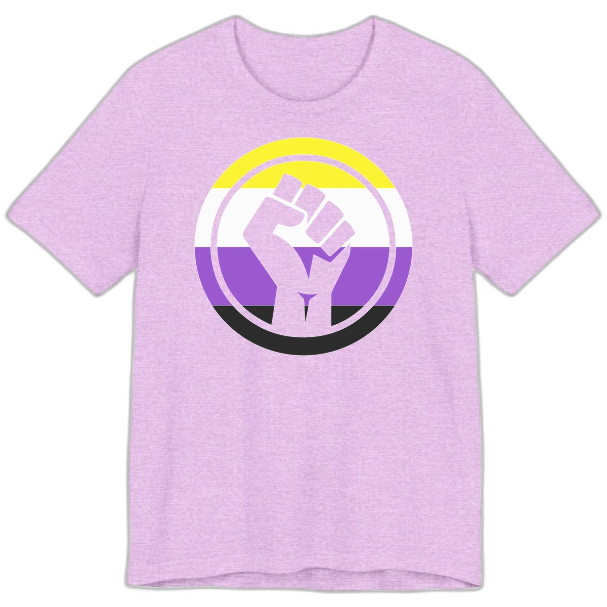 Raised fist silhouette within concentric rings on nonbinary pride flag with yellow, white, purple, and black stripes in Heather Prism Lilac