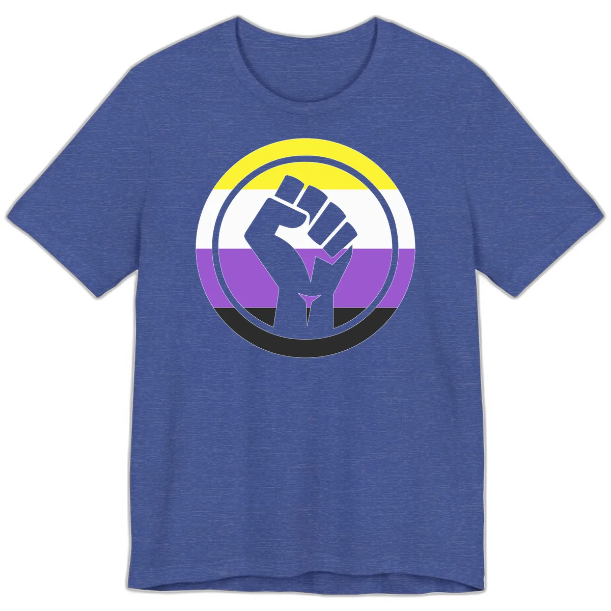 Raised fist silhouette within concentric rings on nonbinary pride flag with yellow, white, purple, and black stripes in Heather True Royal