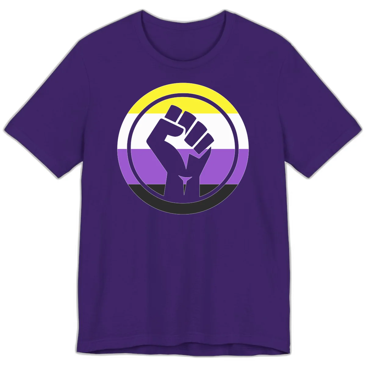 Raised fist silhouette within concentric rings on nonbinary pride flag with yellow, white, purple, and black stripes in Team Purple