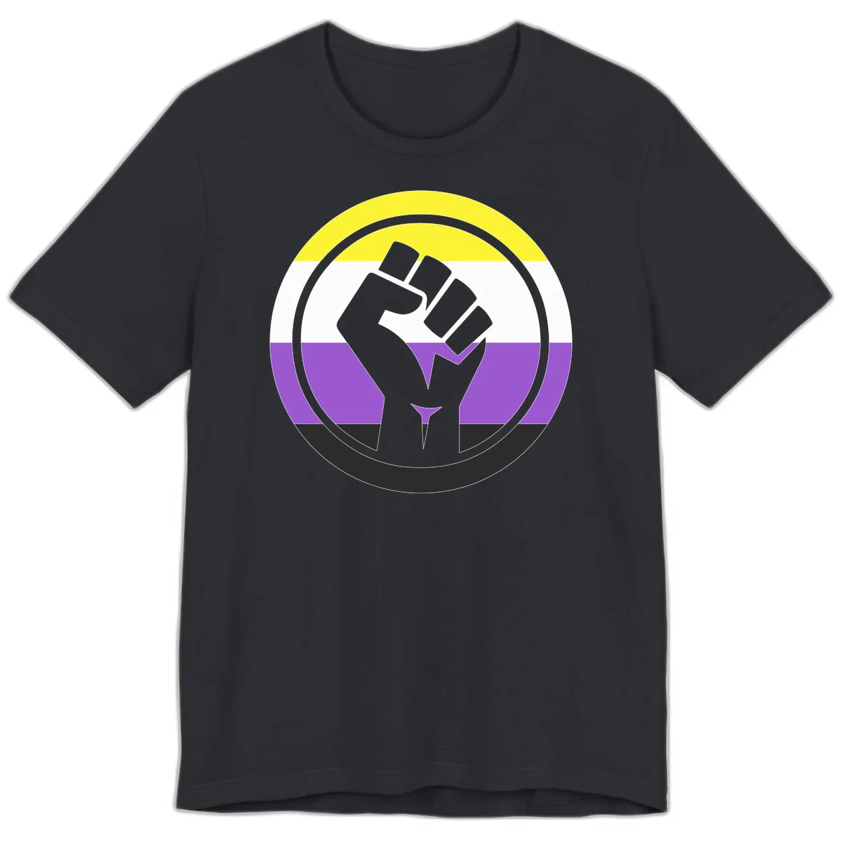 Raised fist silhouette within concentric rings on nonbinary pride flag with yellow, white, purple, and black stripes in Vintage Black