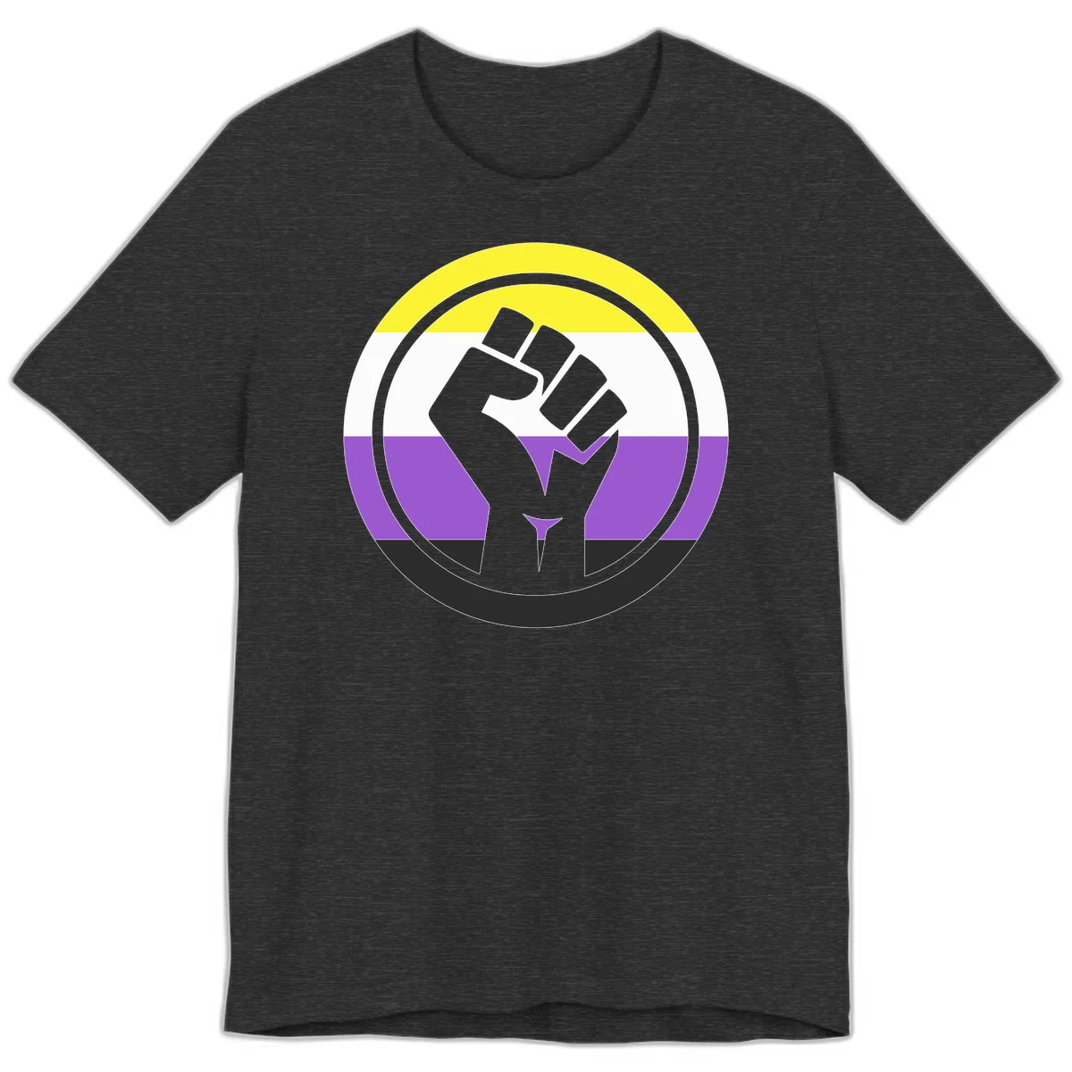 Raised fist silhouette within concentric rings on nonbinary pride flag with yellow, white, purple, and black stripes in Dark Grey Heather