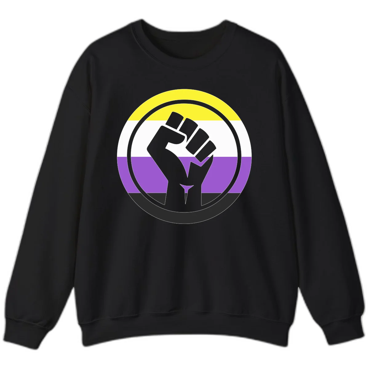 Raised fist silhouette within concentric rings on nonbinary pride flag with yellow, white, purple, and black stripes in Black