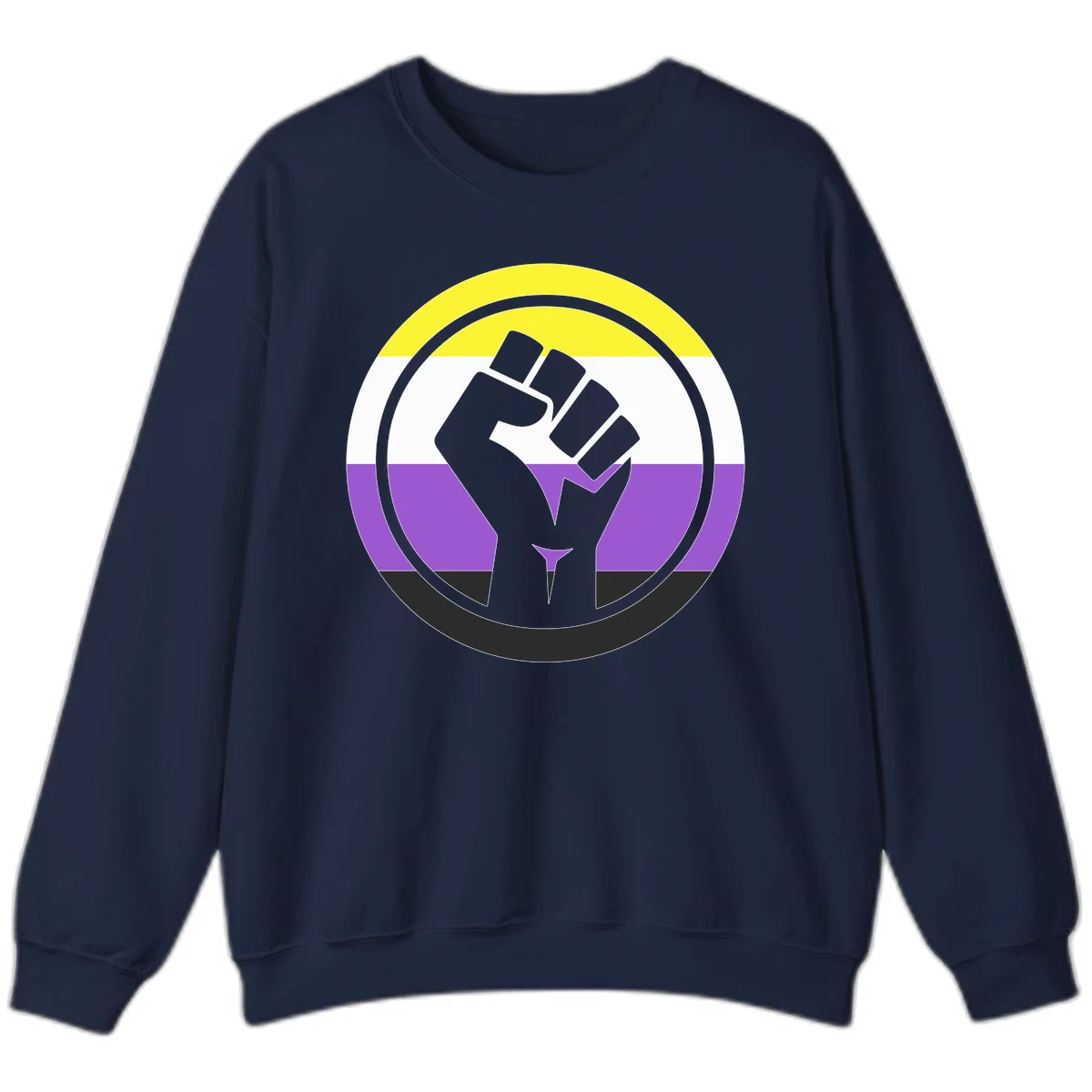 Raised fist silhouette within concentric rings on nonbinary pride flag with yellow, white, purple, and black stripes in Navy