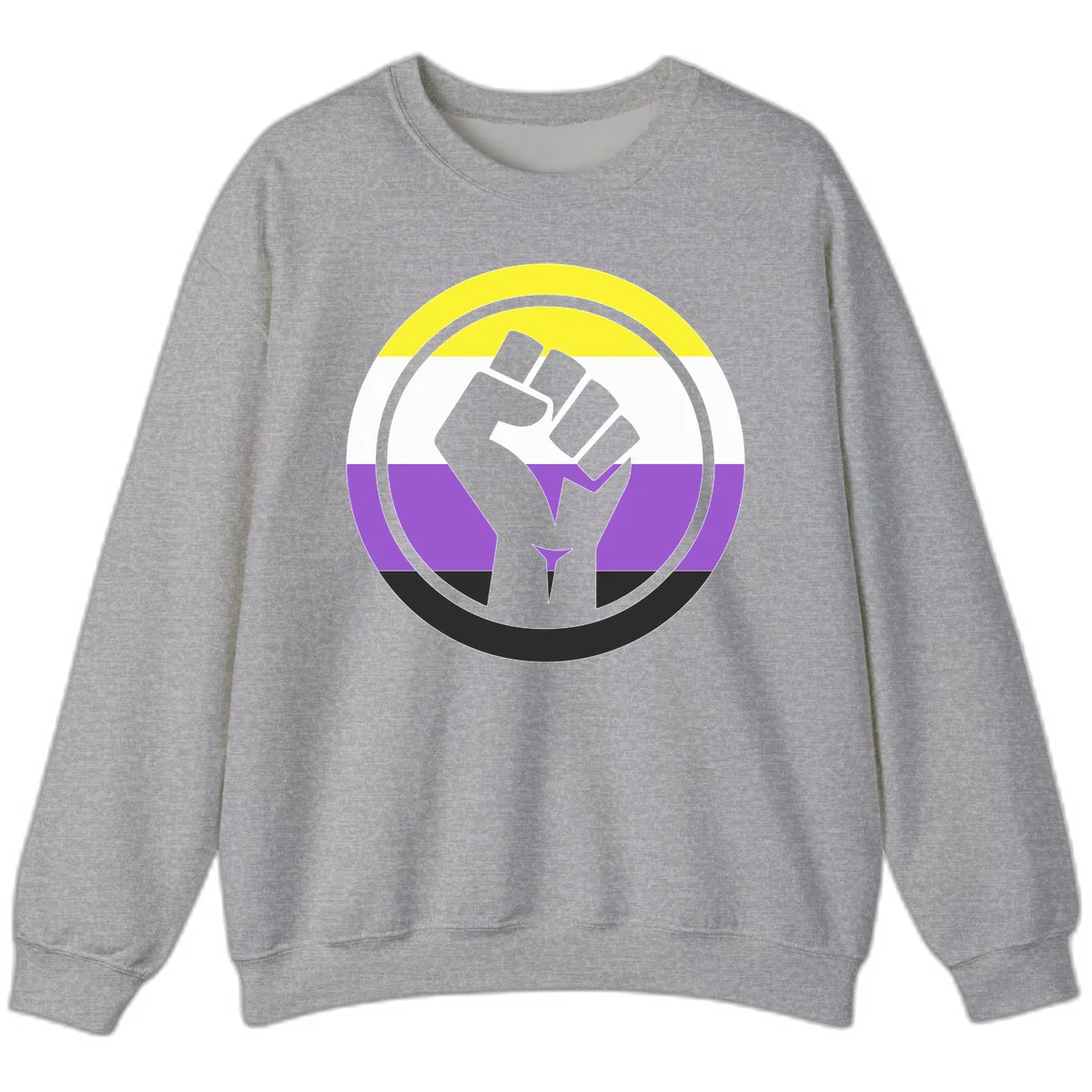 Raised fist silhouette within concentric rings on nonbinary pride flag with yellow, white, purple, and black stripes in Sport Grey